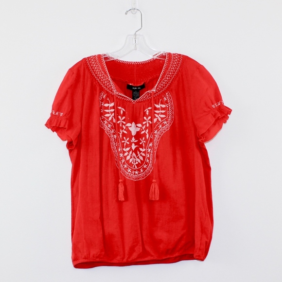 Style & Co Women's Embroidered Peasant Top Large L